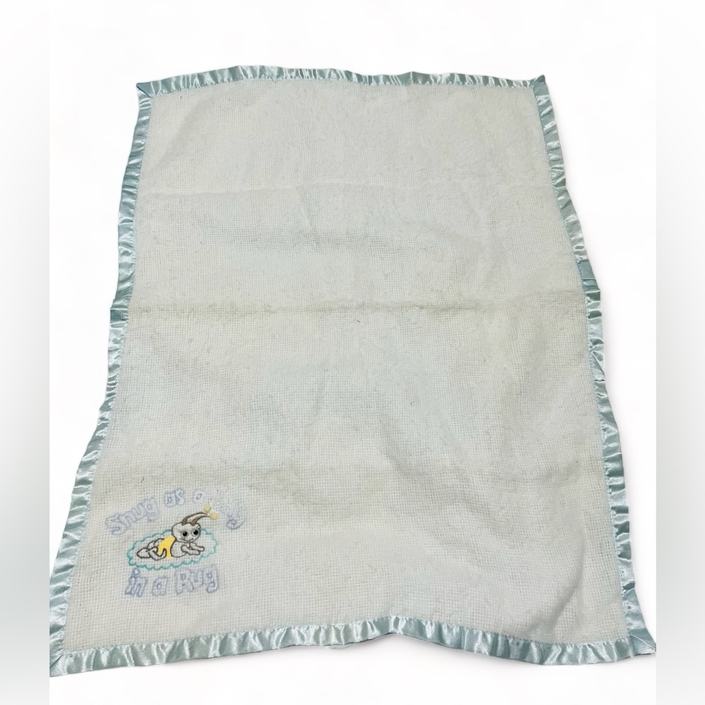 VTG Baby Blanket Blue Satin Trim SNUG AS A BUG IN A RUG 100% Acrylic Embroidered